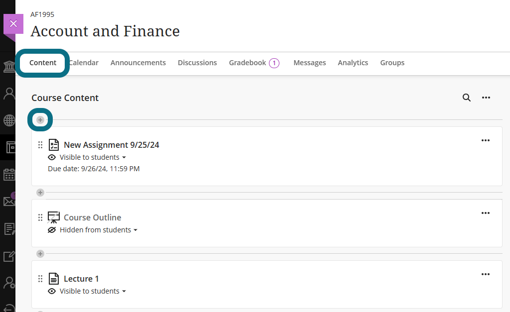 An image of the Course Content page in Blackboard Ultra highlighting the Content and Plus button.