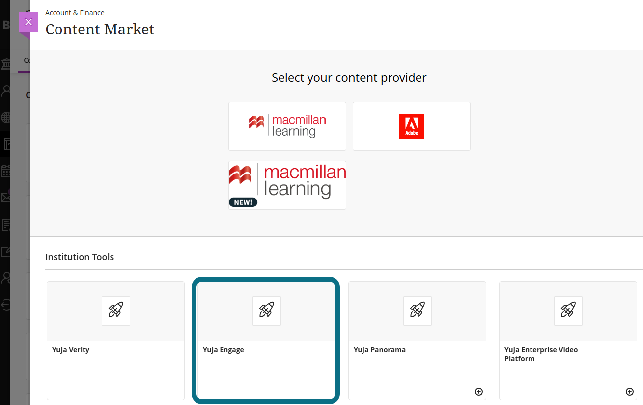 An image of the Course Content page in Blackboard Ultra highlighting the YuJa Engage option.