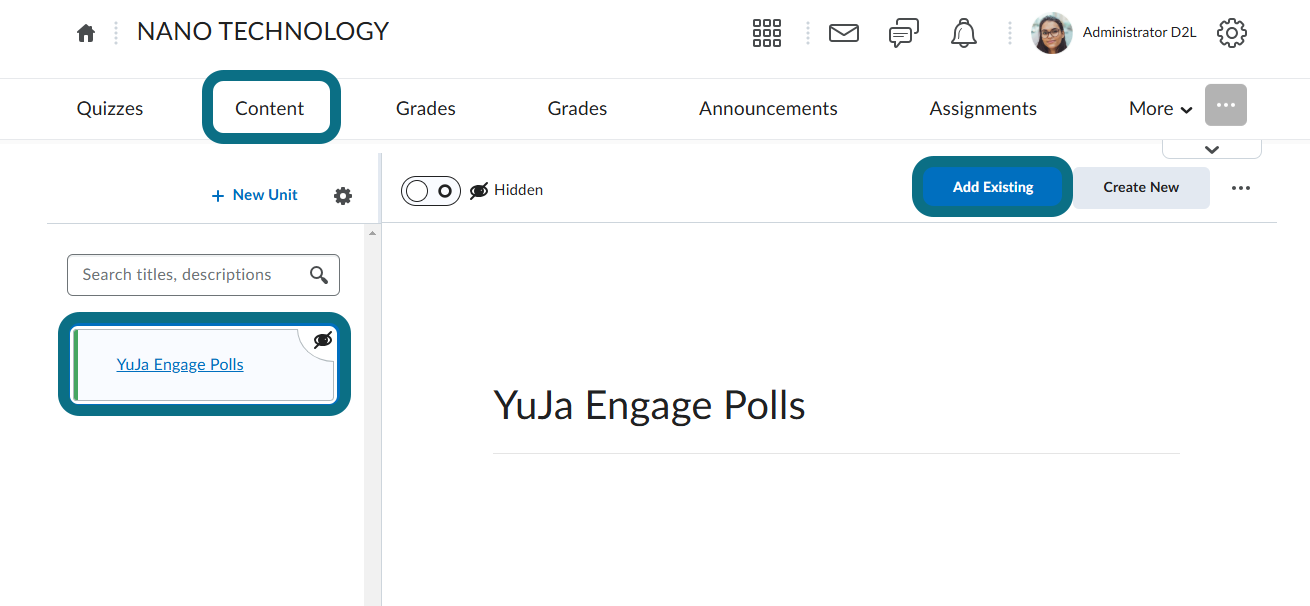 An image of the D2L page highlighting the YuJa Engage option.
