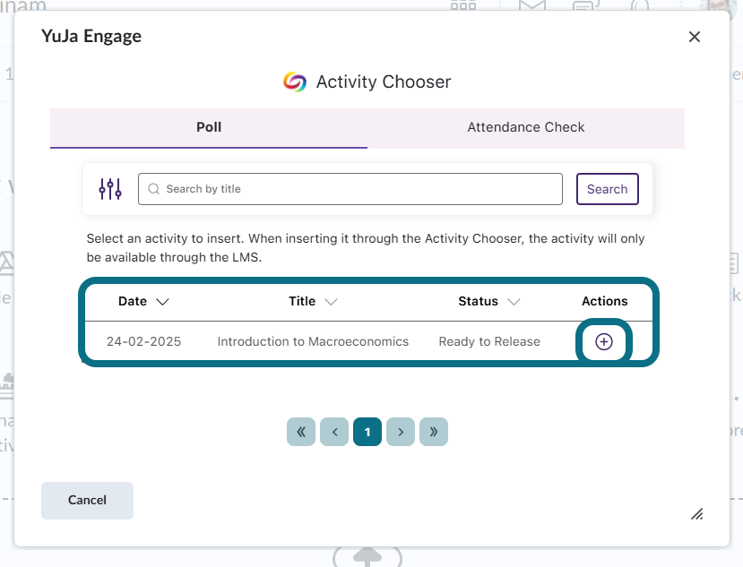 An image of the D2L page highlighting the Activity Chooser window and the Plus button.