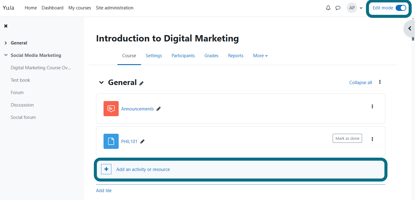 An image of the Moodle Course page highlighting the Edit mode and Add an activity or resource button.