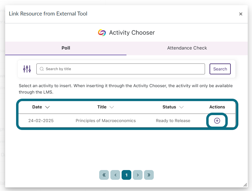 An image of the Activity Chooser window highlighting the poll option and the Plus button.