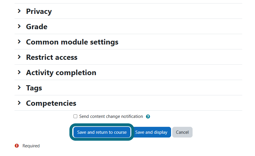 An image of the Moodle Course page highlighting the Save and return to course button.