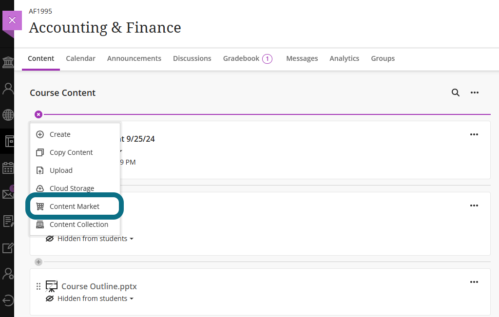 An image of the Course Content page in Blackboard Ultra highlighting the Content Market option in the drop-down menu.