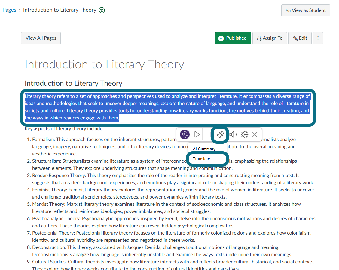 An image of the selected text with the AI button and Translate option highlighted.