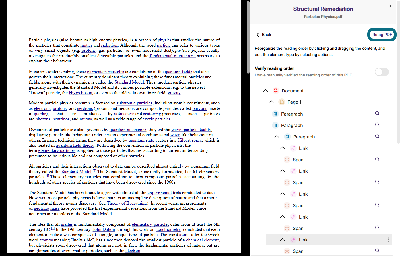 An image of the Accessibility Report highlighting the Retag PDF button.