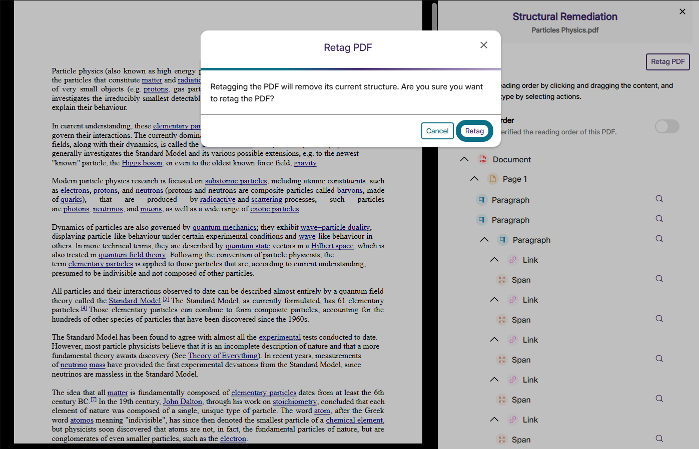 An image of the Accessibility Report highlighting the Retag button.