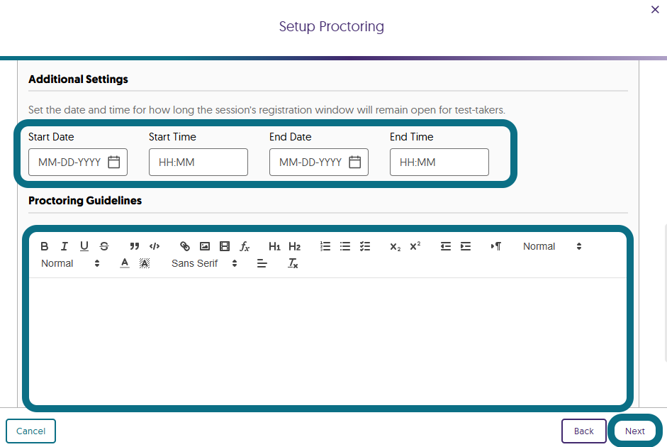 An image highlighting the registration window and proctoring guidelines input field when setting up proctoring in Verity.
