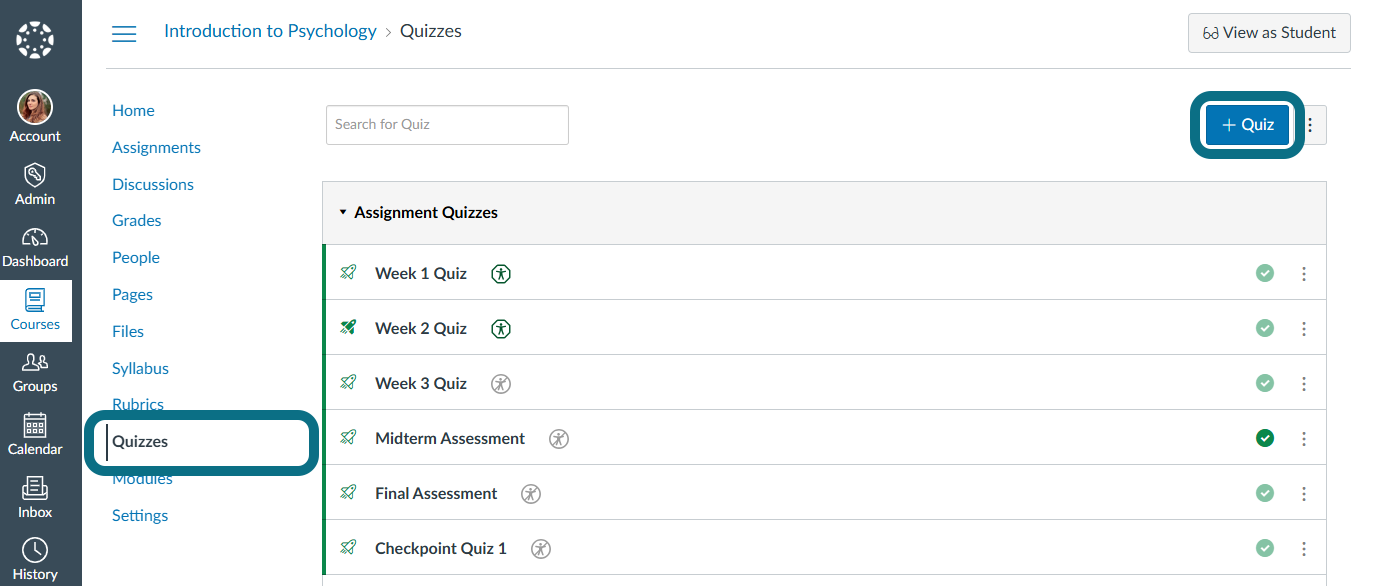 An image of the Canvas quiz page highlighting the Create Quiz button.