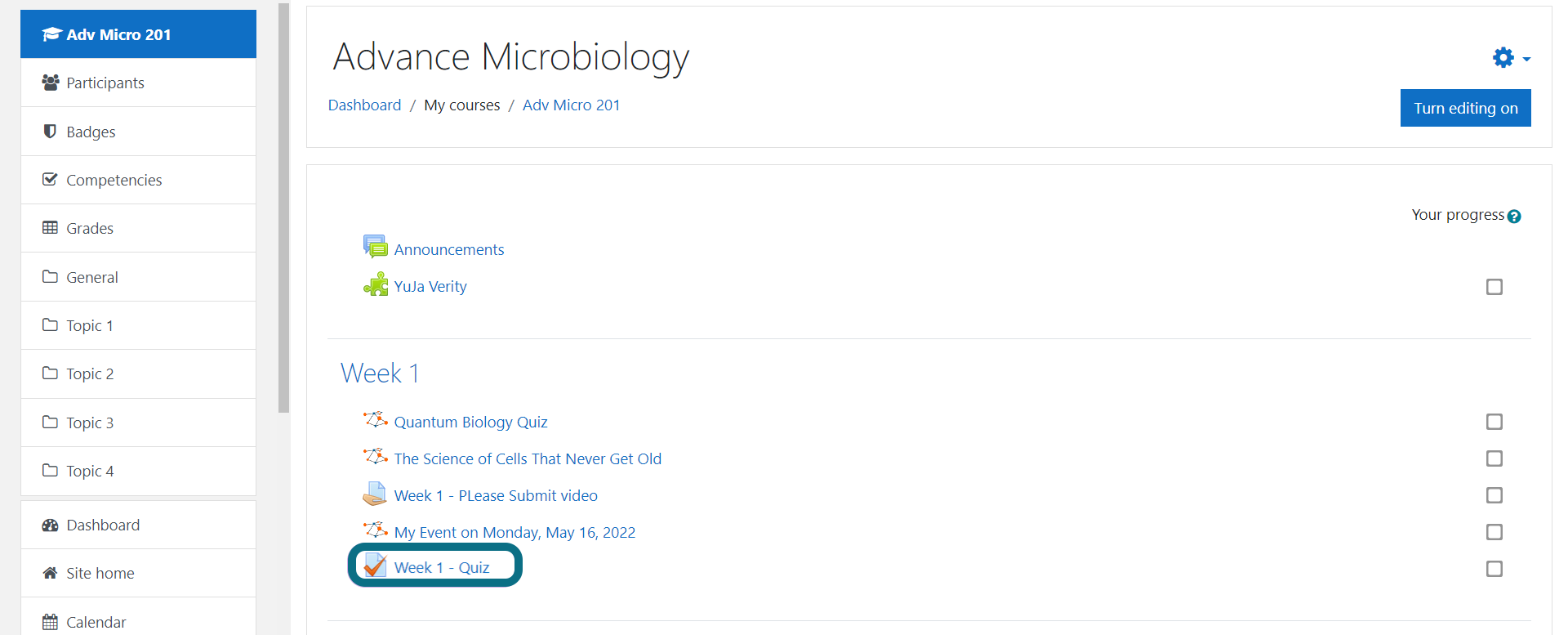 An image of the quiz selection in Moodle.