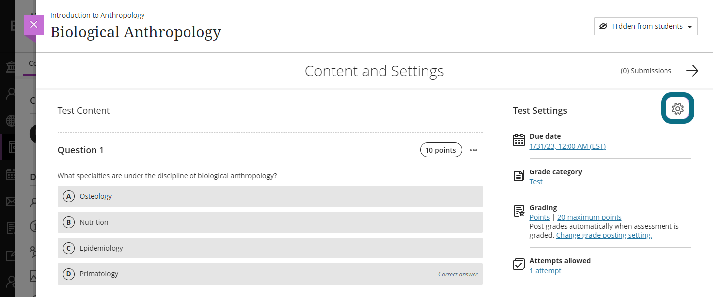 The gear icon for the test settings is selected.