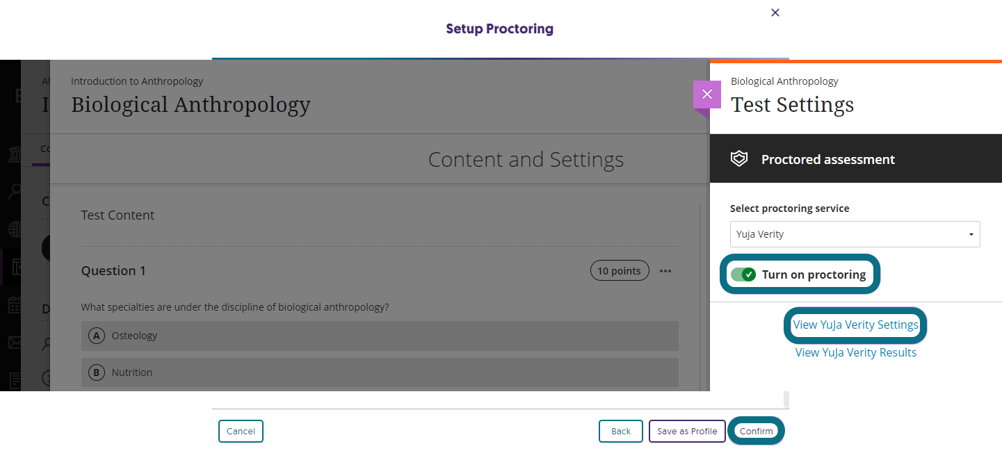 Turn on Proctoring for the test settings is enabled and the YuJa Veirt settings is shown highlighted.