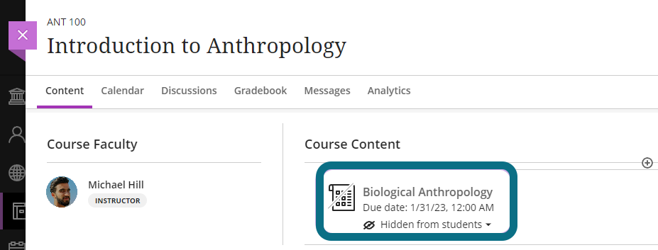a test is selected in a course.