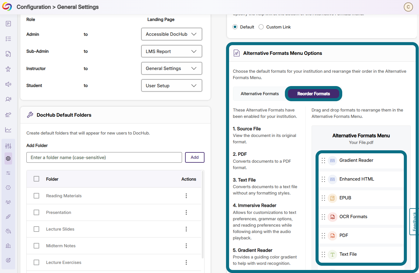 An image of the General Settings page highlighting the Alternative Formats Menu Options.