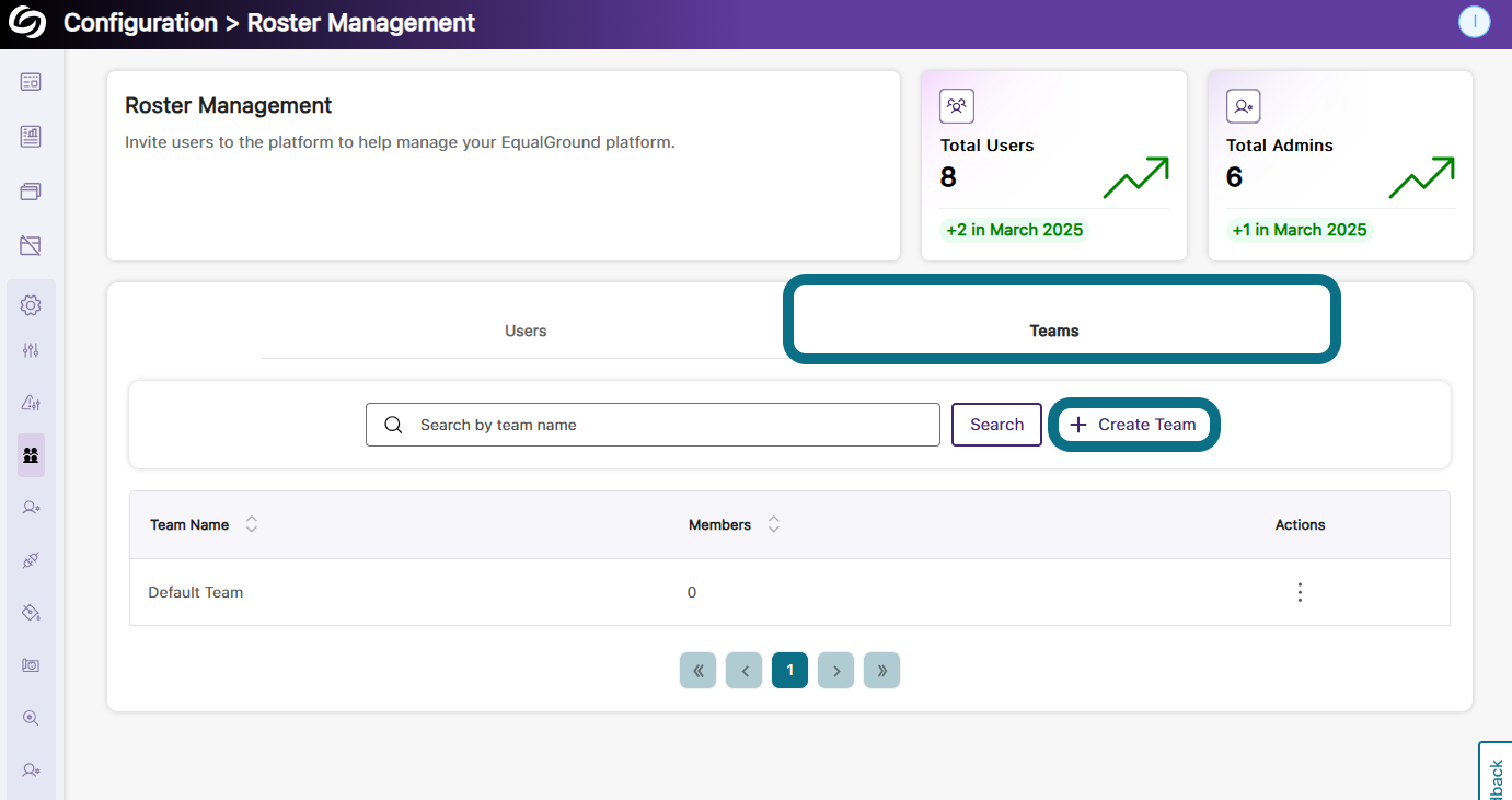 An image of the Roster Management page in EqualGround highlighting the teams tab and the create team button.