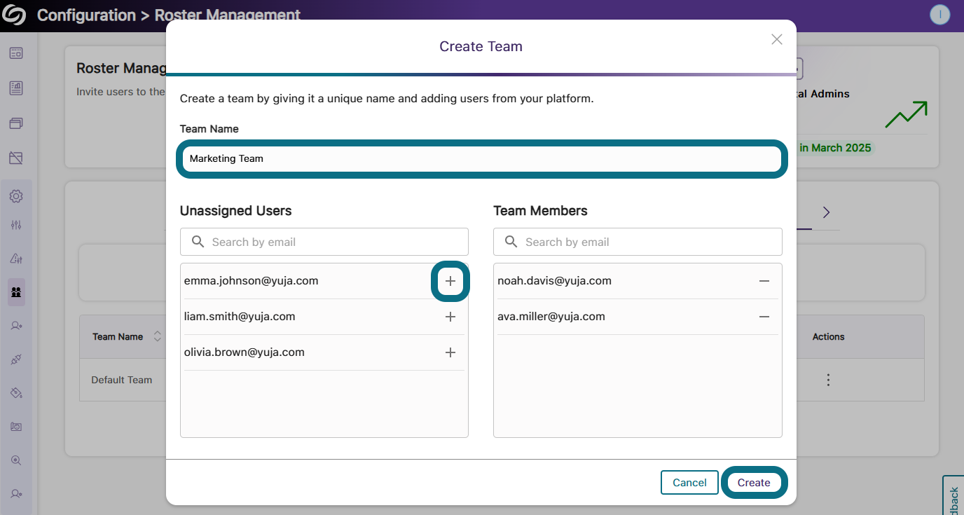 An image of the create team window highlighting the input field of the team name and the plus icon to add unassigned users to a team.