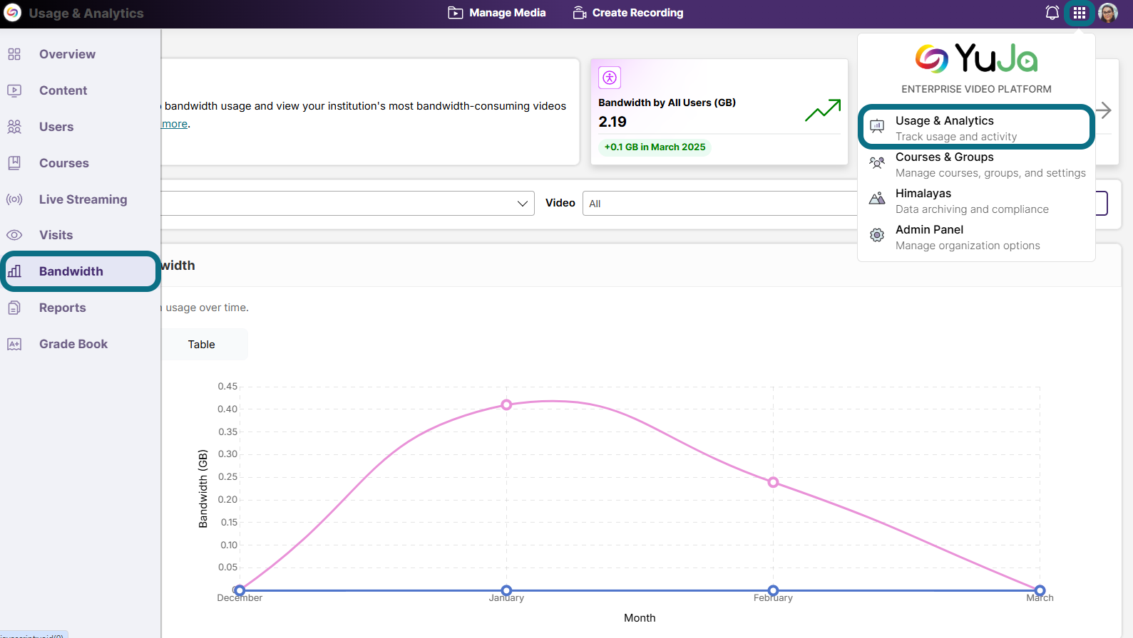 An image of the Bandwidth Analytics page in the Video Platform.