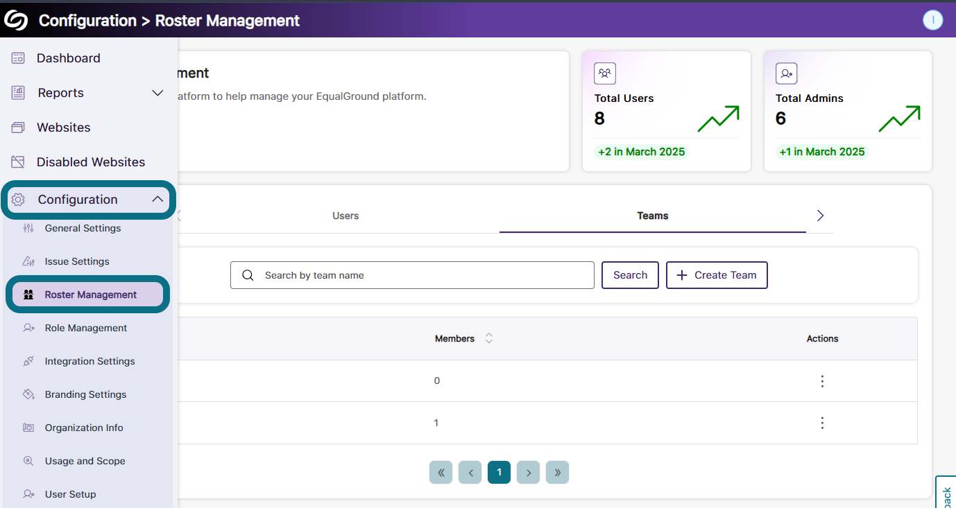 The navigation to the Configuration and Roster Management tab in the side panel of EqualGround.