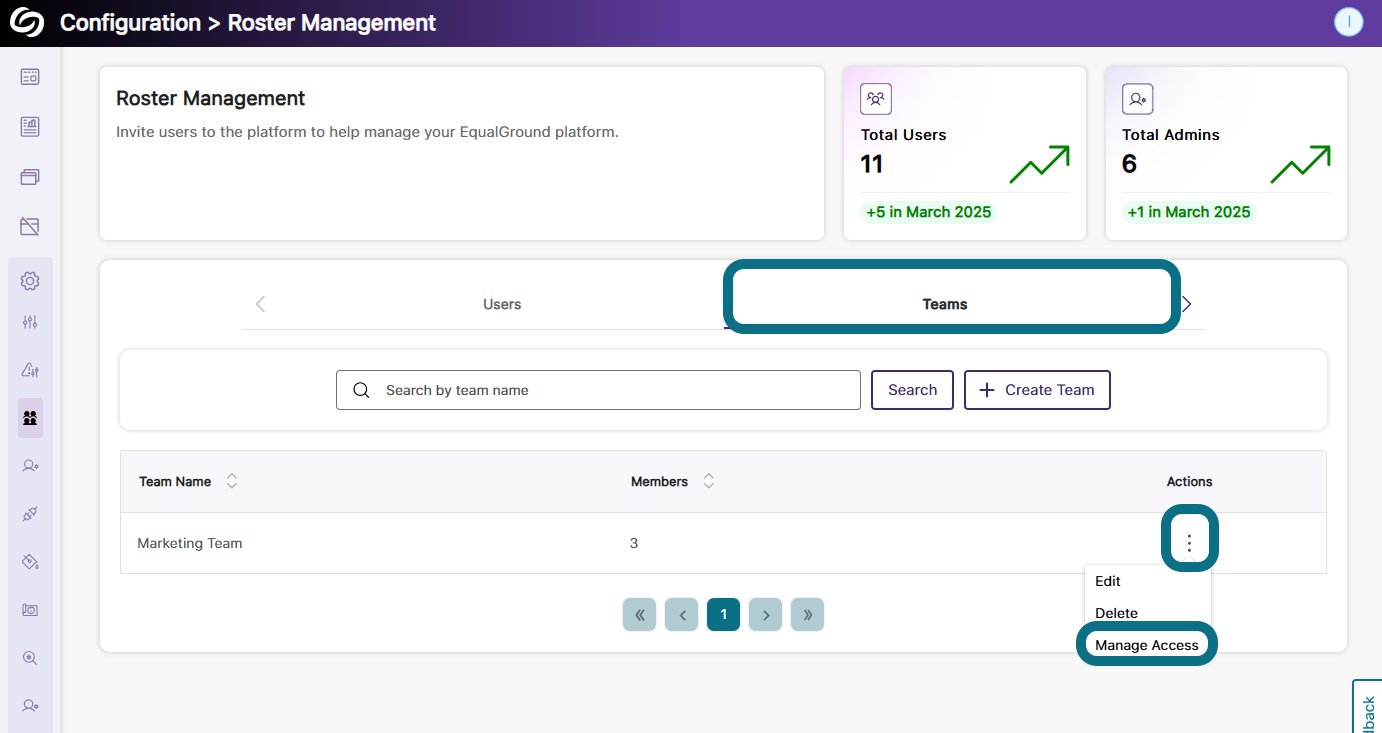 Roster Management page in EqualGround highlighting the Teams tab and the Manage Access option in the More Actions menu.