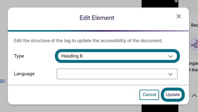 Heading level 6 is shown selected for an element.
