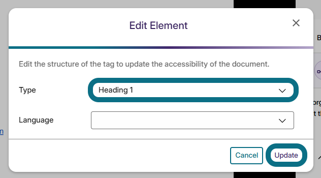 Heading level 1 is shown selected for an element.