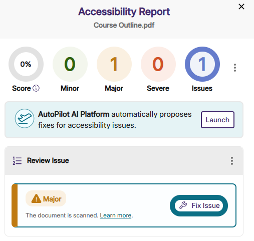 An image of the Accessibility Report highlighting the Fix Issue button