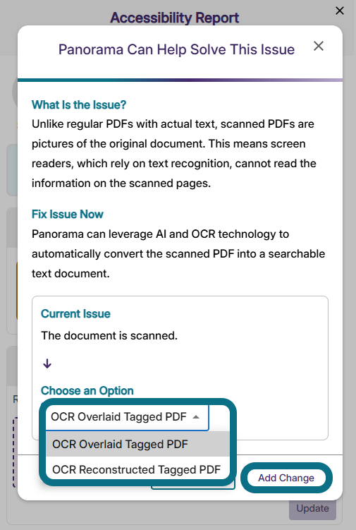 An image of the Panorama can help Solve This Issue window highlighting the PDF convert option and Add Change button.