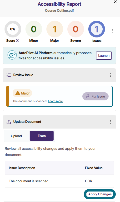 An image of the Accessibility Report highlighting the Apply Changes button