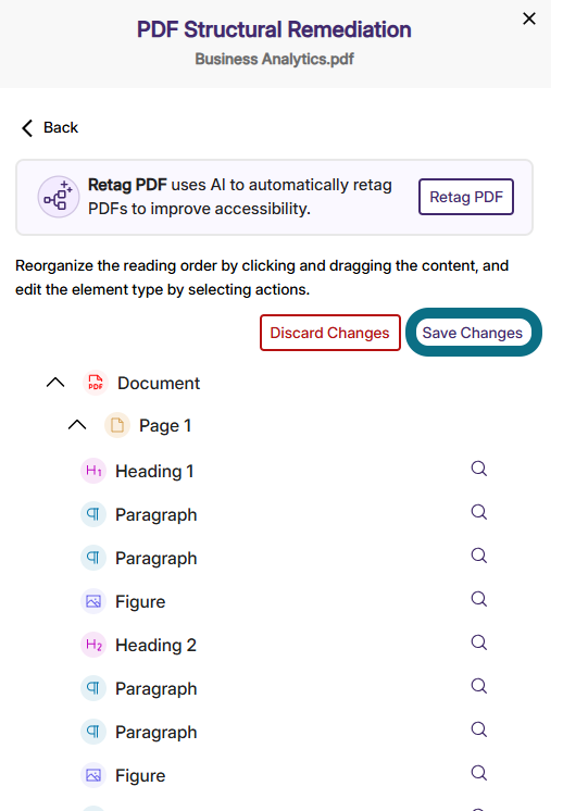An image showing a proper heading level in the Accessibility Report, highlighting the Save Changes button.