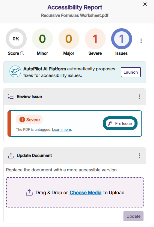An image of the Accessibility Report highlighting the Fix Issue button.