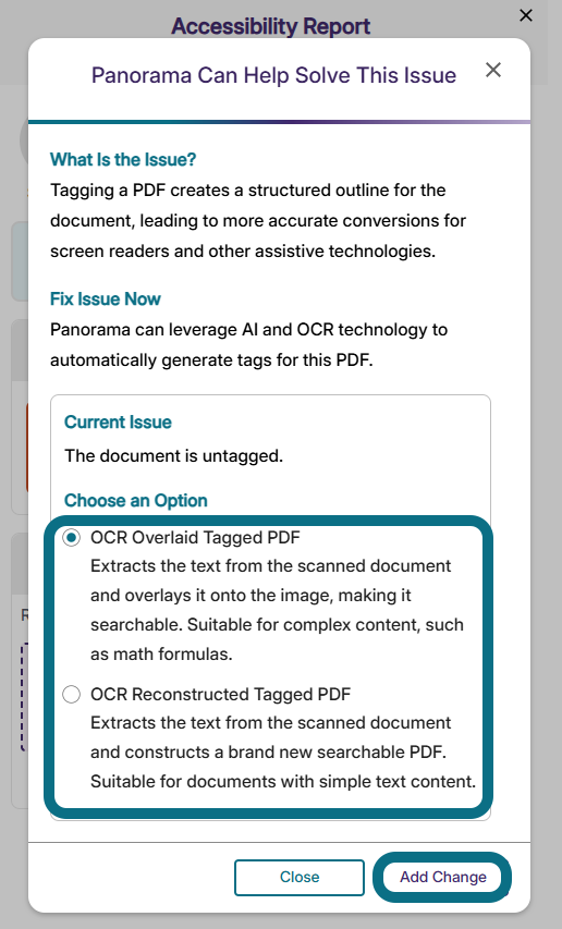 An image of the Panorama Can Help Solve This Issue window highlighting the tag PDF options.