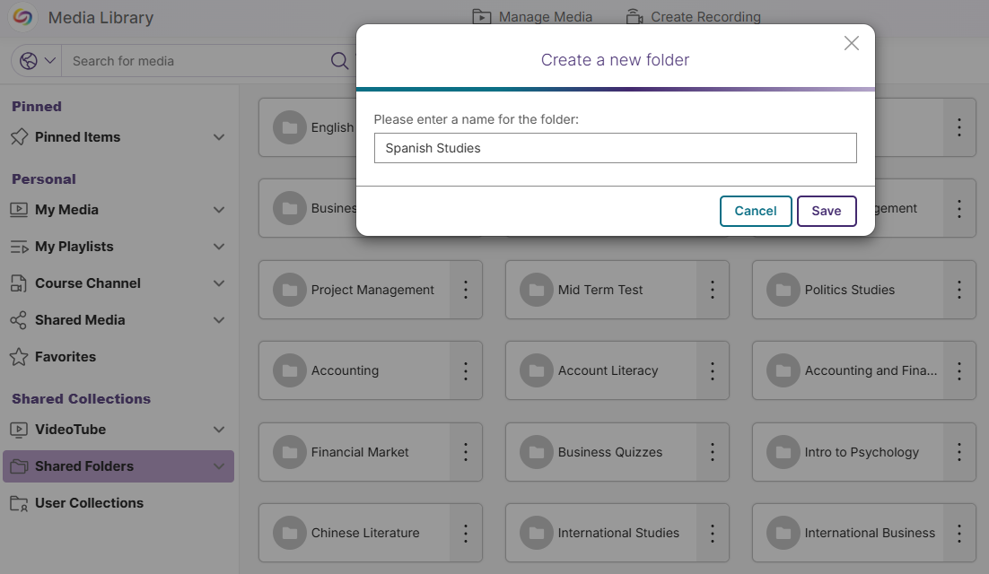 The new folder creation pop up window.
