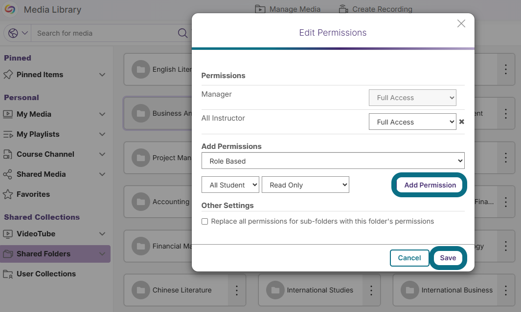 The Edit Permissions window highlighting the Add permission button and the save button.