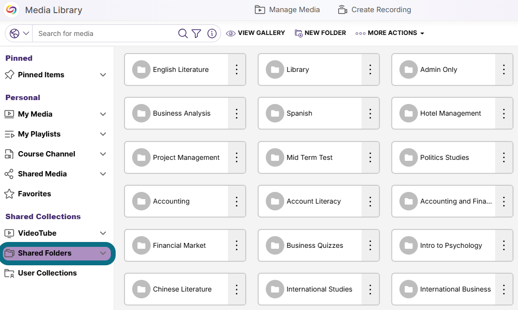 The Media Library page highlighting the Shared Folders section.