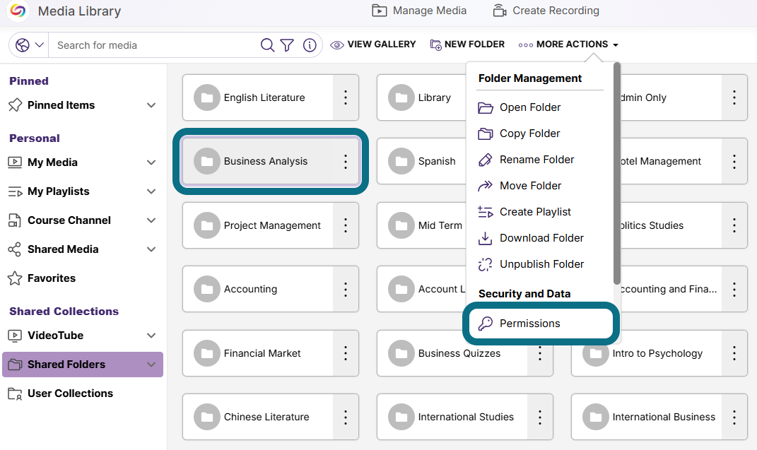 The Shared Folder page highlighting a file and the Permissions button.