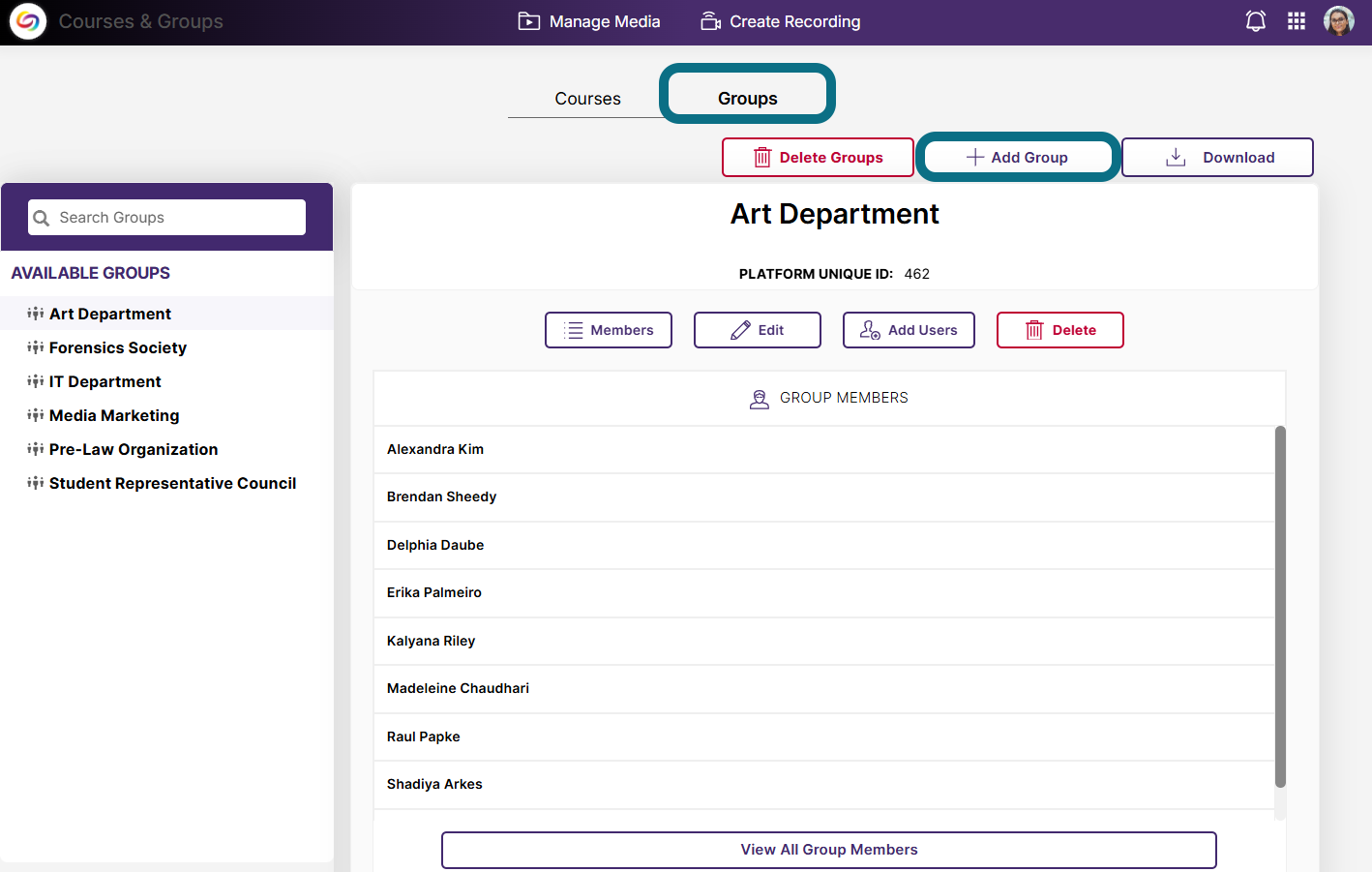 The Courses & Groups page highlighting the Groups tab and Add Group button.