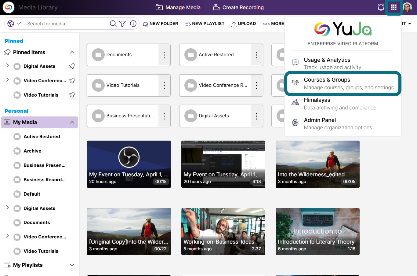 The Manage Media page highlighting the Courses & Groups option.