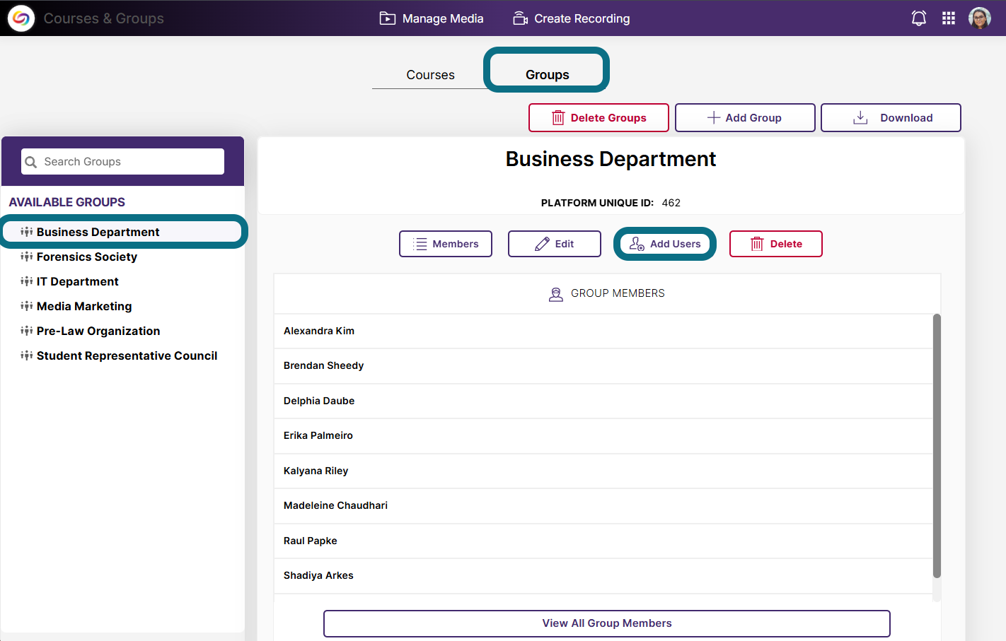 The Course & Groups page highlighting the Groups tab and the Add Users button.