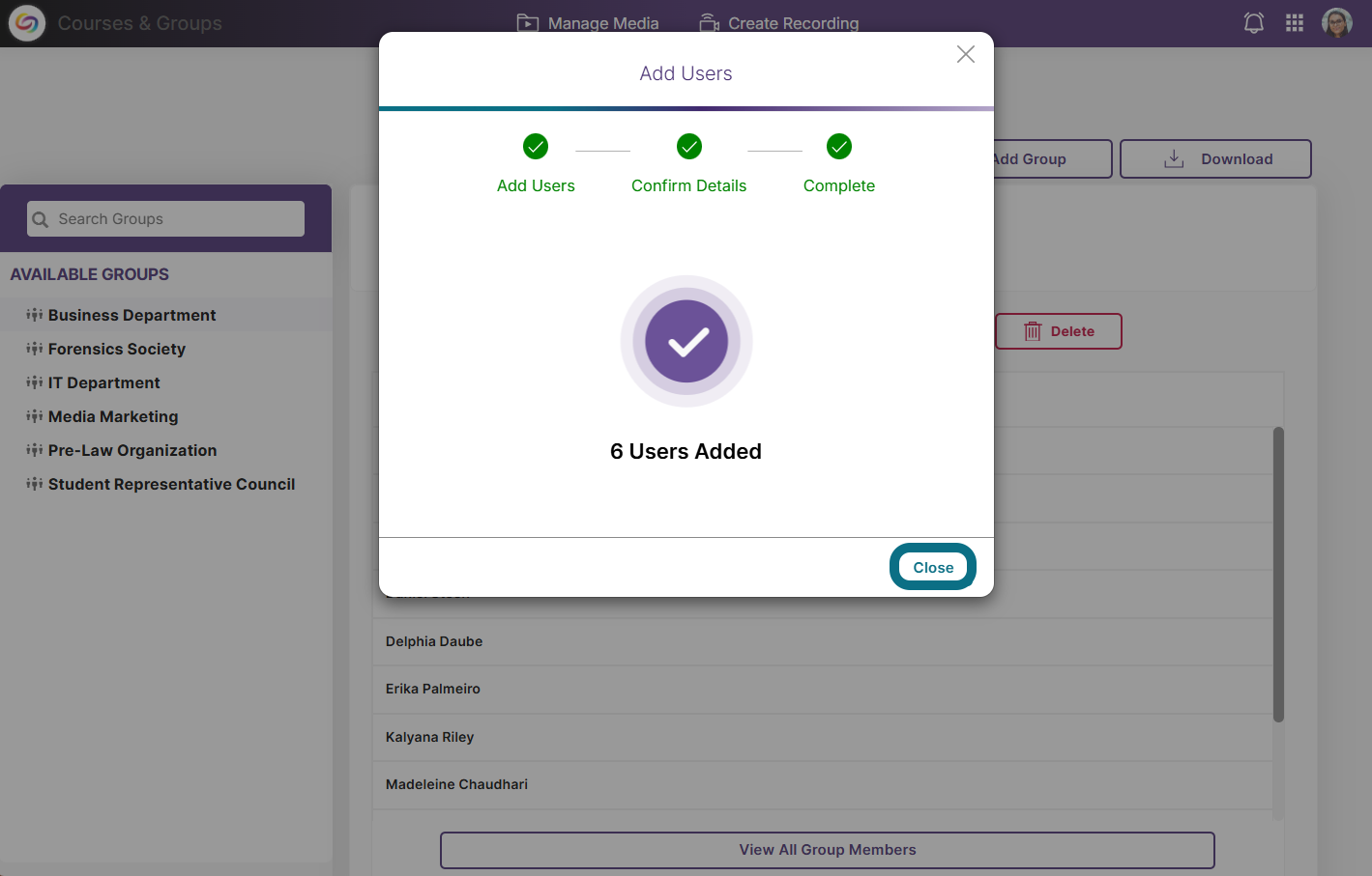 The complete step of the Add Users window highlighting the Close button.