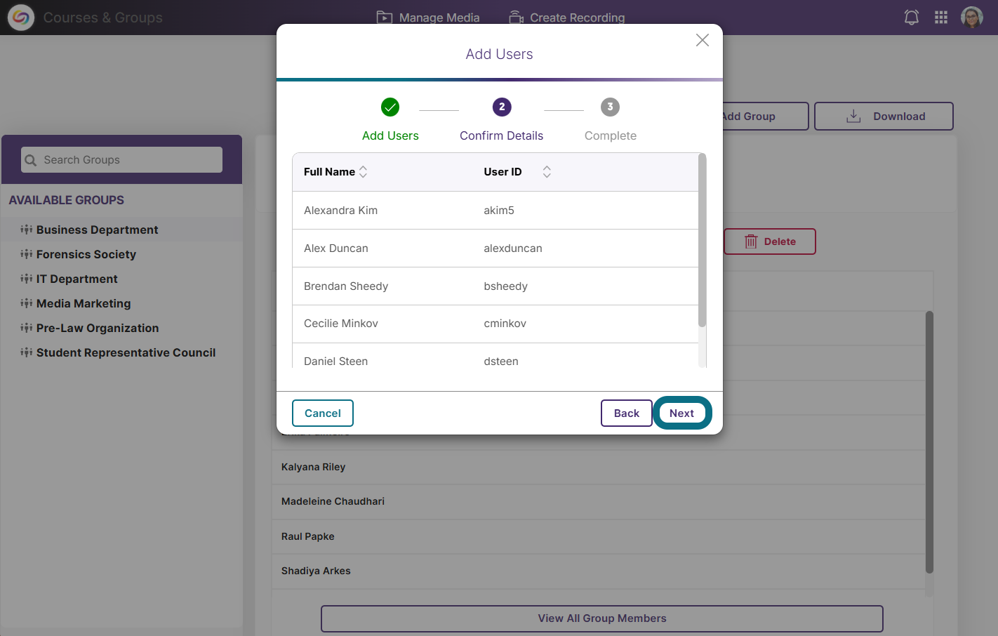 Confirm Details page of the Add Users window.