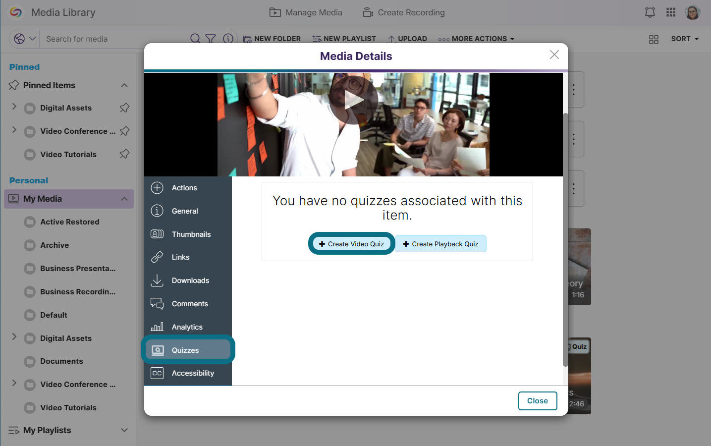 The media details window highlighting the Create Video Quiz button.