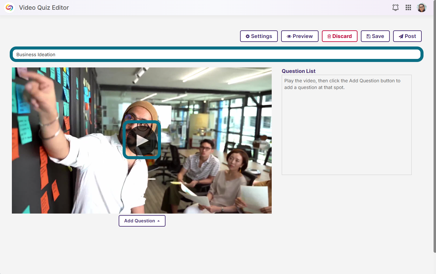 The video quiz editor highlighting the quiz name and the play button.