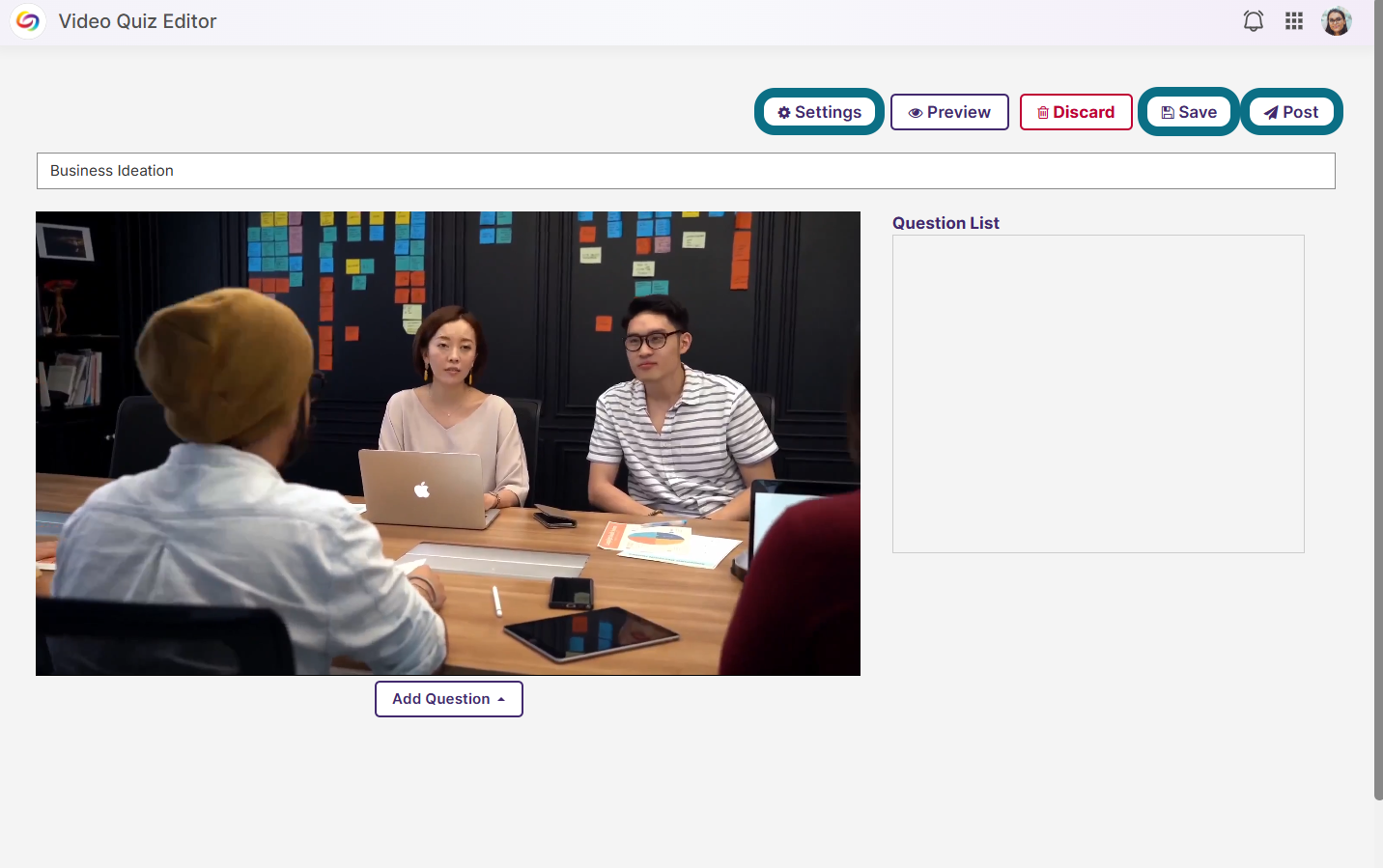 The video quiz editor highlighting the Settings, save and post button.