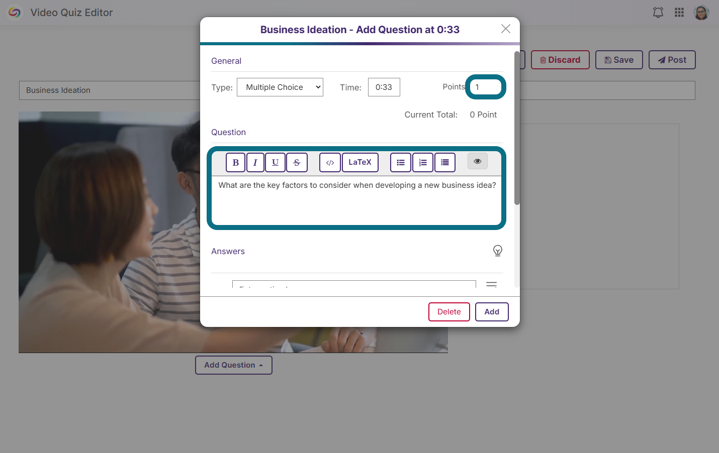 The video quiz editor highlighting the quiz question.