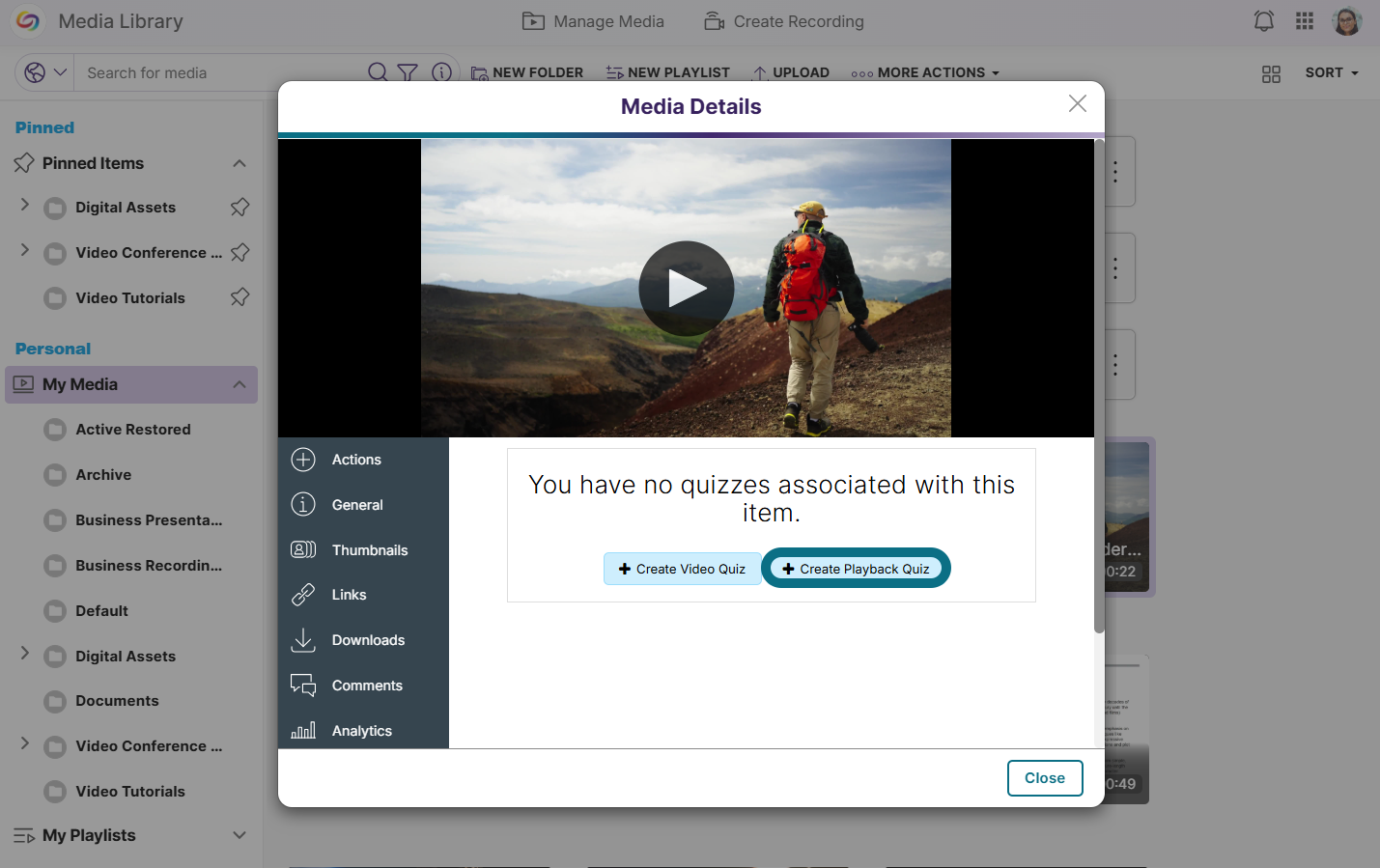An image of the media details window highlighting the create playback quiz button.