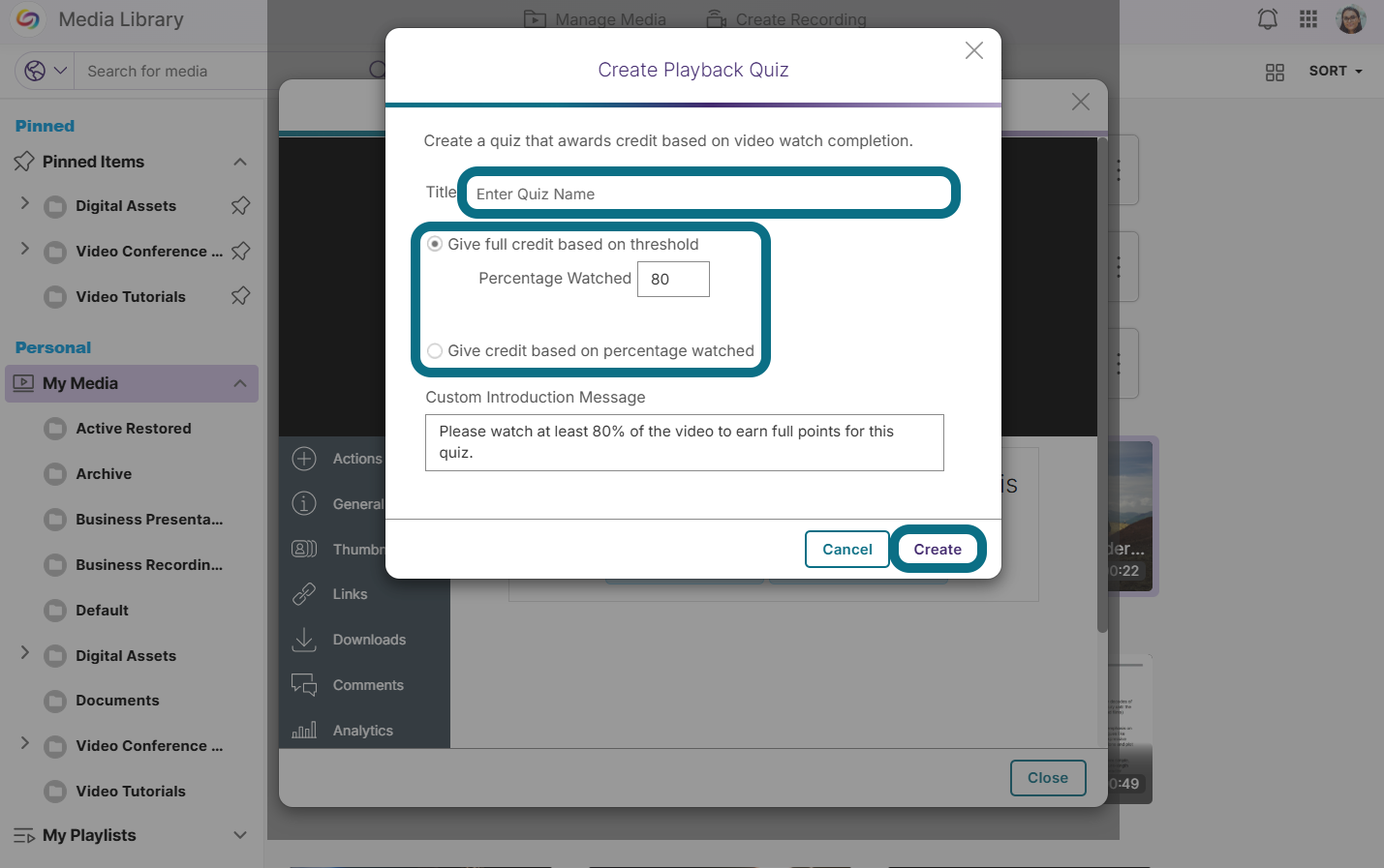 An image of the create playback quiz window highlighting the quiz settings.
