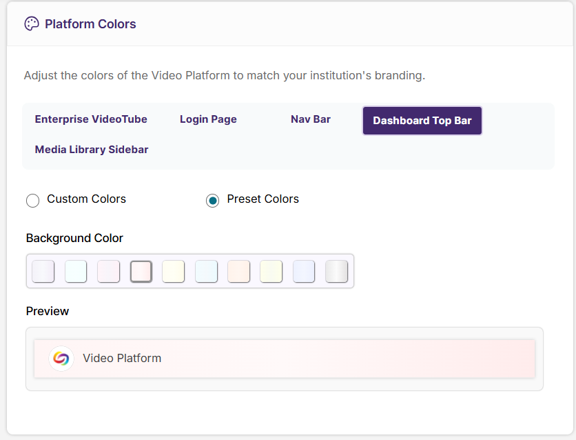 An image of the preset colors in the platform colors settings.