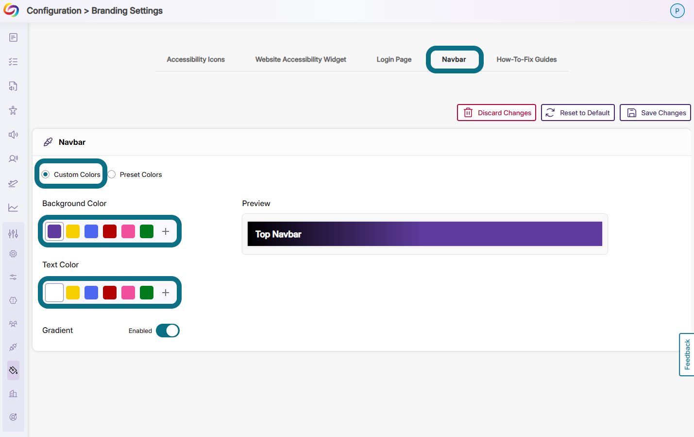 an image showing the custom colors settings of the navbar in Panorama.