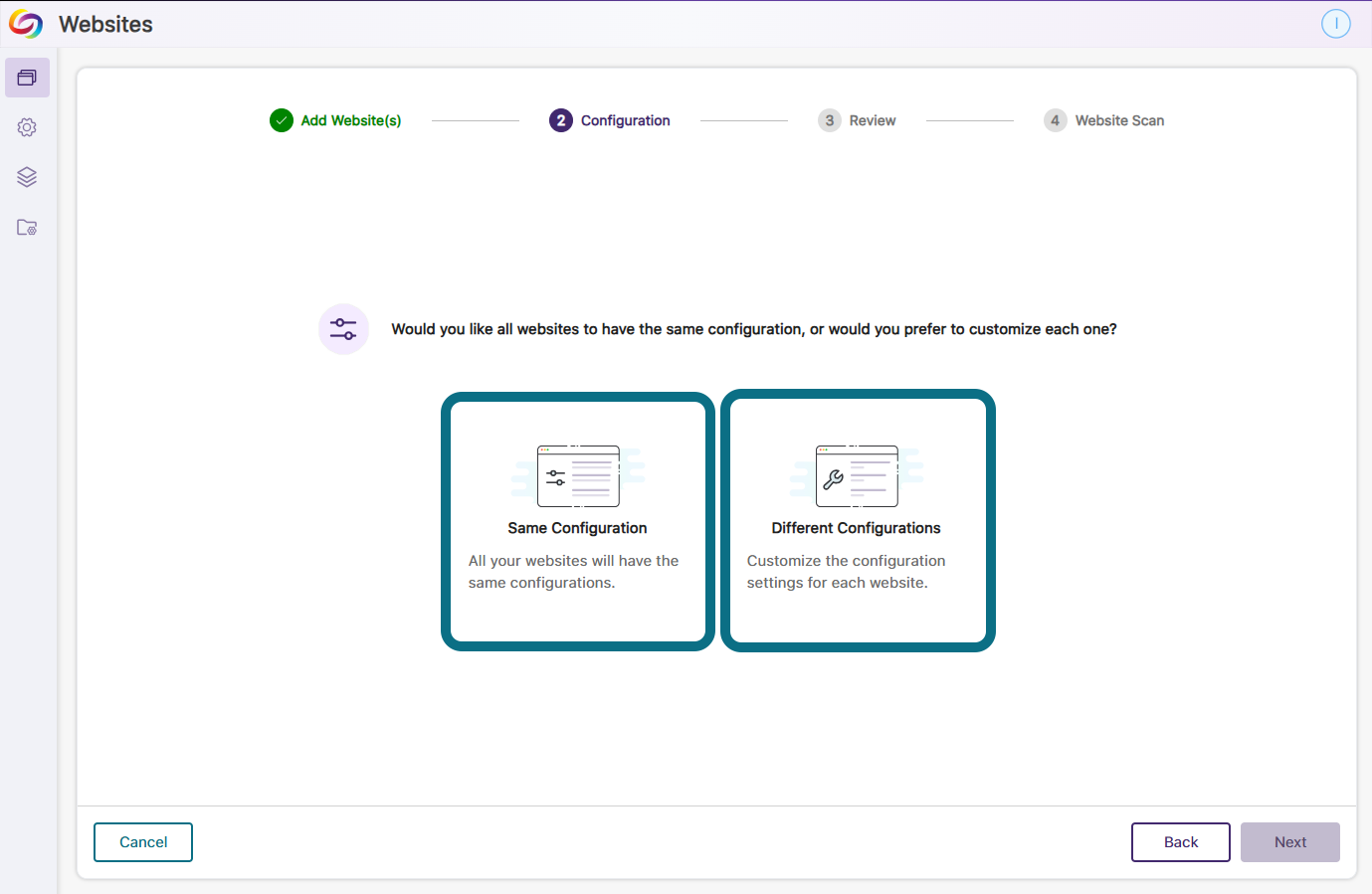 option for choosing same or different scan configuration the web pages.