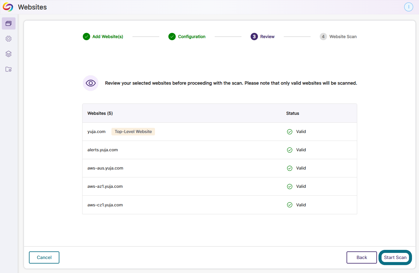 the review page for selected webpages and the Start Scan button.